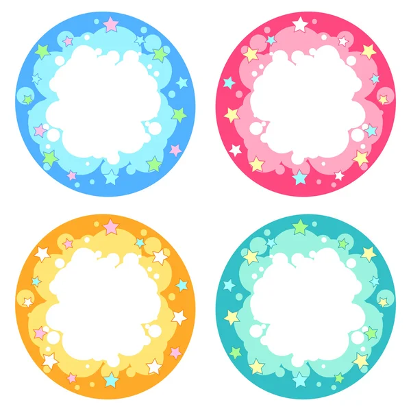 Ensemble de quatre cadres ronds de différentes couleurs avec feux d'artifice étoiles . — Image vectorielle