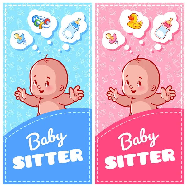 Dos volantes verticales de niñera con lindo niño y juguetes para bebés — Vector de stock