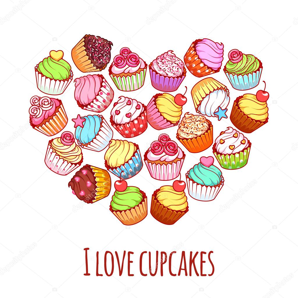 Banner with different cupcakes in a heart shape with inscription