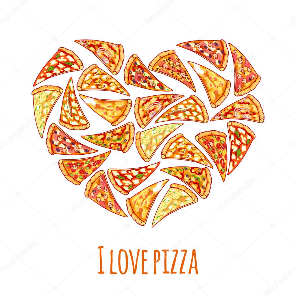 Banner with different pizza slices in a heart shape