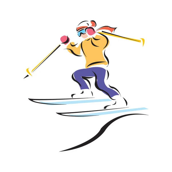 Jeune Homme Skis Sur Neige Hiver Illustration Vectorielle Plate — Image vectorielle