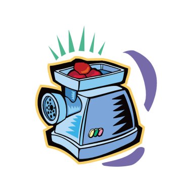 Kıyma ikonu çizimi, mutfak malzemelerinin basitliği. Güç Eti Hazırlama Cihazı etiketi. Vektör illüstrasyonu