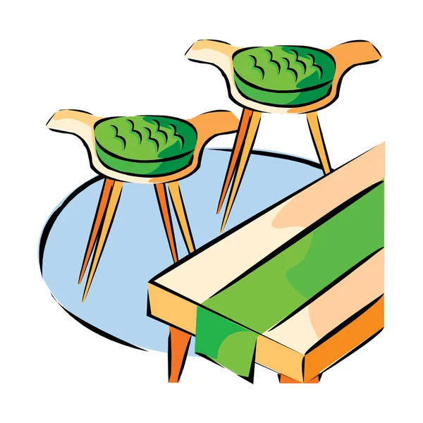 Moderne keuken in groene kleur met twee stoelen met een tafel en blauwe hoes in EPS10 — Stockvector