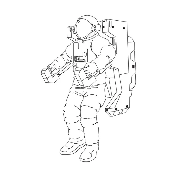 Animazione astronauta in una tuta spaziale. Illustrazione vettoriale isolata su sfondo bianco. Posto per il testo. Stampa, poster, t-shirt, card in EPS10 — Vettoriale Stock
