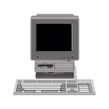 EPS10 beyaz arka planında monitör, klavye ve fare ile retro masaüstü beyaz bilgisayarı