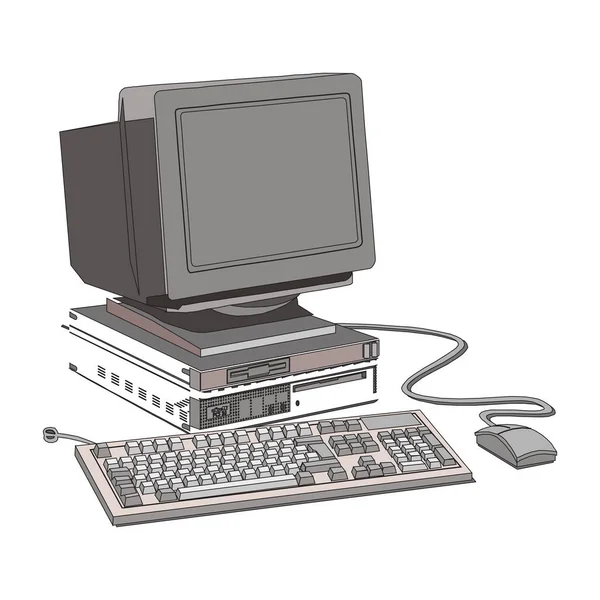 The retro desktop white computer with monitor, keyboard and mouse on the white background in EPS10 Vector Graphics