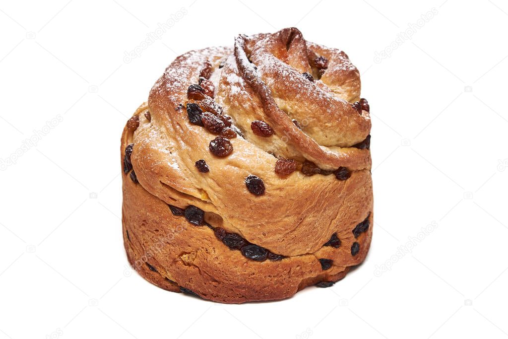 Christmas panettone with raisins, sprinkled with powdered sugar. Craffin isolated on white background.