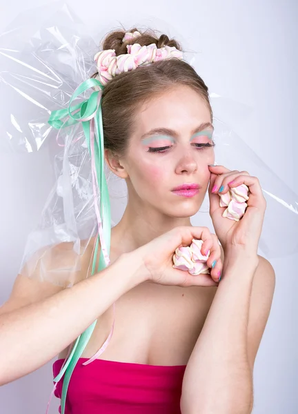 Young woman with marshmallow makeup style beauty fantasy. — Stock Photo, Image