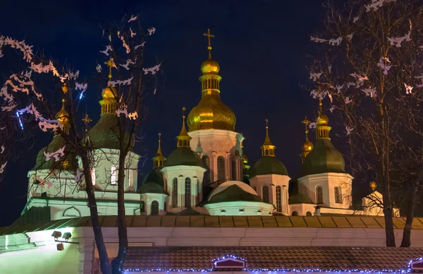 Orthodox cathedral dome surrounded by trees in the New Year holi — Stock Photo, Image