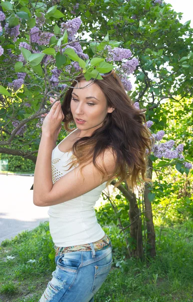 Young beautiful girl near the lilac bushes — Stock Photo, Image