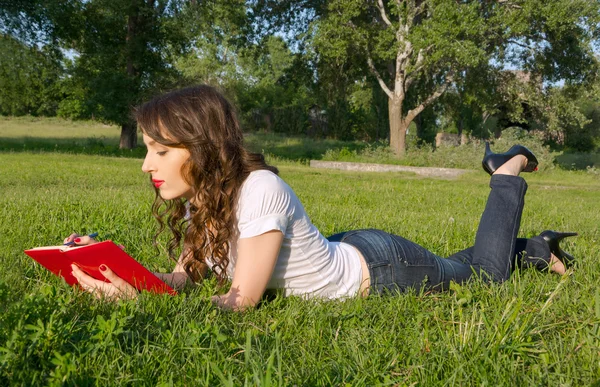 记事本和笔在夏天公园的草地上的女孩 — 图库照片