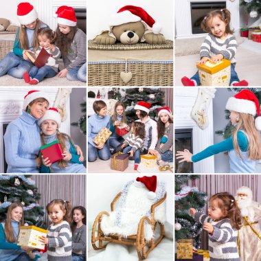 Kolaj üzerinde Noel tema: mutlu aile, çocuk, Chris