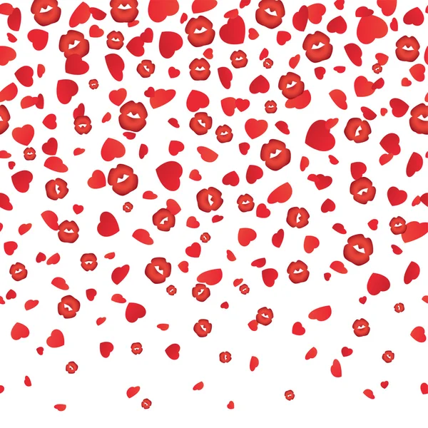 Fallende Küsse rot und Herzen nahtlosen Hintergrund. Vektorillustration — Stockvektor