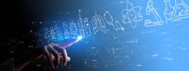 Tıp doktoru el dokunuşu ikon tıbbi aşı ikonu modern sanal ekran arayüzü, tıbbi teknoloji ağı konsepti