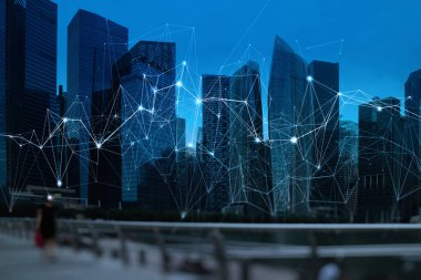 Soyut Singapur şehir arka planına sahip kablosuz ağ ve bağlantı teknolojisi kavramı 