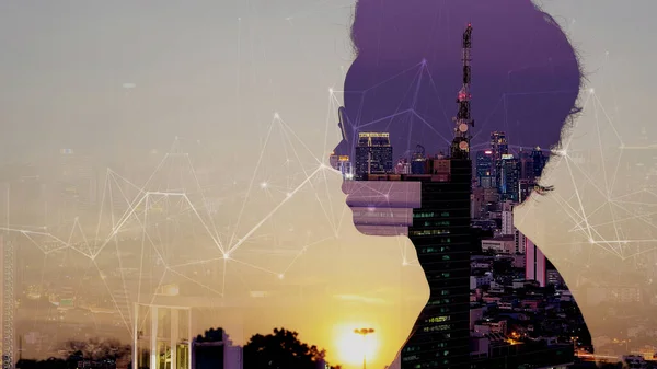 Double exposure of Asian woman and Telecommunication tower with 5G cellular network antenna on smart city background