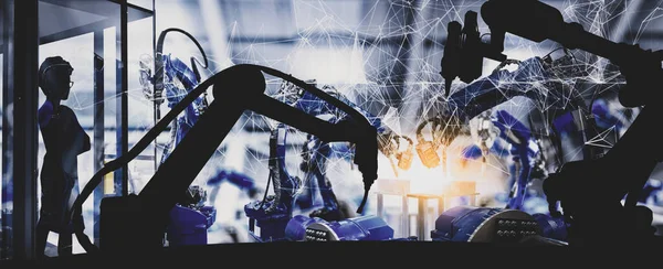 Modern otomasyon robot kolları silueti Ai yardımcı teknoloji ağı konsepti ve akıllı fabrika arka planı.