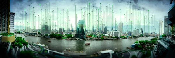 Rete Wireless Tecnologia Connessione Concetto Verde Con Astratto Bangkok Sfondo — Foto Stock