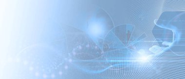 Parlak çizgileri, dijital dalga desenleri, insan eli kavramı ve ışık parçacıkları olan yumuşak mavi fütüristik teknoloji arka planı.