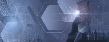 Fütürist dijital ağ çizgilerini, şehir siluetini ve parlayan veri bağlantı elemanlarını gösteren soyut teknoloji arkaplanı