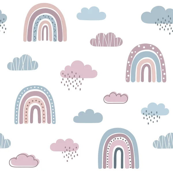 Seamless Pattern Rainbows Clouds Naive Doodle Scandinavian Style — Stock Vector