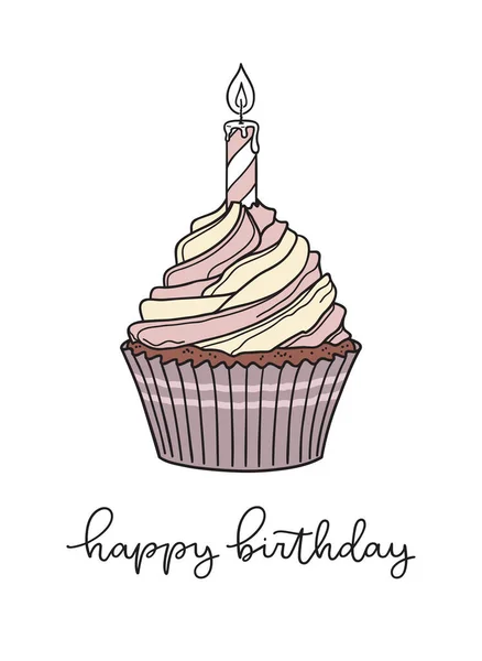 用蜡烛和生日快乐的手笔写了一句可爱的小蛋糕 贺卡或宴会请柬模板 — 图库矢量图片