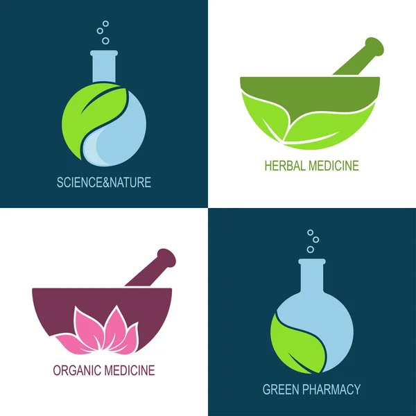 Green pharmacy and herbal medicine icons — Stock Vector