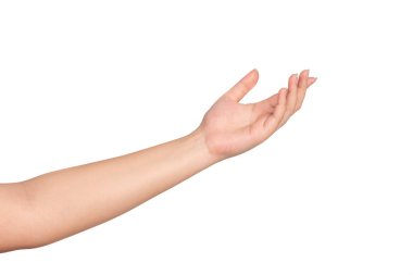 Beyaz arka planda el kol hareketi yapan kadın..