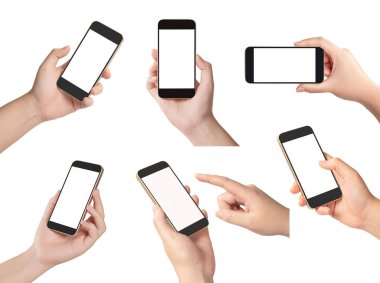 Beyaz arkaplanda boş ekranlı akıllı telefon kullanan kadın elleri