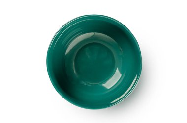 Beyaz arka planda izole edilmiş Boş Koyu Yeşil Seramik Kasesi Üst Görünümü. Mutfak eşyaları ve yemek tasarımı..