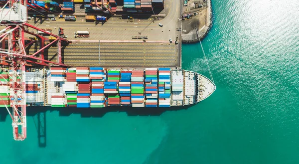 Uluslararası ticaret lojistik ihracatında konteynır taşıyan hava görüntüleme konteynır gemisi ve açık denizde konteyner gemisiyle uluslararası taşımacılık.