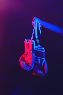 Kırmızı boks eldiveni, kırmızı ve mavi ışıklı halka, endüstriyel spor salonu, neon ışıklar. seçici odak