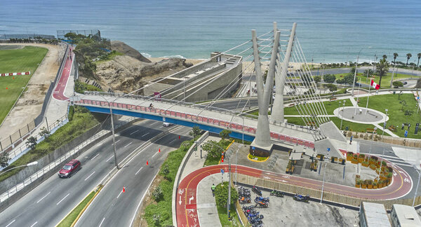 Aerial view of the La Amistad Bridge that connects Miraflores and San Isidro in the city of Lima, Sports and culture area, LIMA PERU