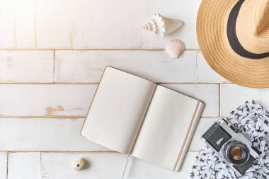 Analog bir kamera ve ahşap bir masanın üzerinde bir defter, fotoğrafçının elleri eski bir film kamerasını ahşap arka planda, seyahat kıyafetinde, konsept yolculuğunda tutuyor.