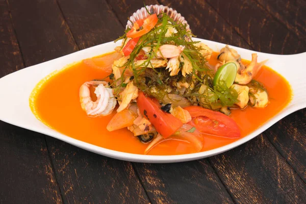 Comida Peruana Mariscos Llamados Sudado Mariscos Sudor Pescado Mezclado Con — Foto de Stock