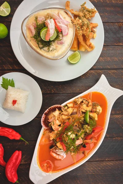 Comida Peruana Llamada Leche Tigre Sudado Mariscos Mariscos Sudor Pescado — Foto de Stock