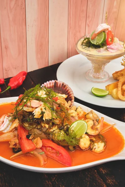 Comida Peruana Llamada Leche Tigre Sudado Mariscos Mariscos Sudor Pescado — Foto de Stock