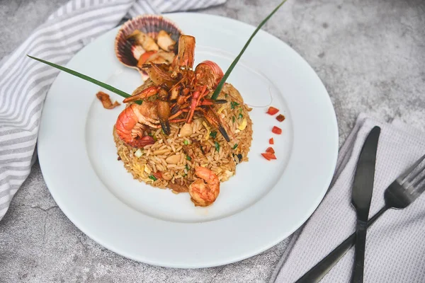 Comida Peruana Llamada Arroz Chaufa Con Mariscos Arroz Frito Camarones — Foto de Stock