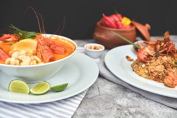 Peru Yemekleri Deniz Ürünleri Chupe Camarones Karides Çorbasıyla Birlikte Arroz — Stok fotoğraf