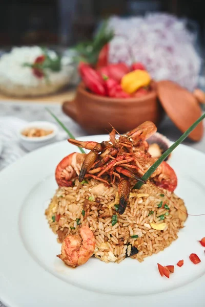 Comida Peruana Llamada Arroz Chaufa Con Mariscos Arroz Frito Camarones — Foto de Stock