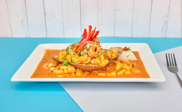 Comida Peruviana Picante Mariscos Con Arroz Mariscos — Foto de Stock