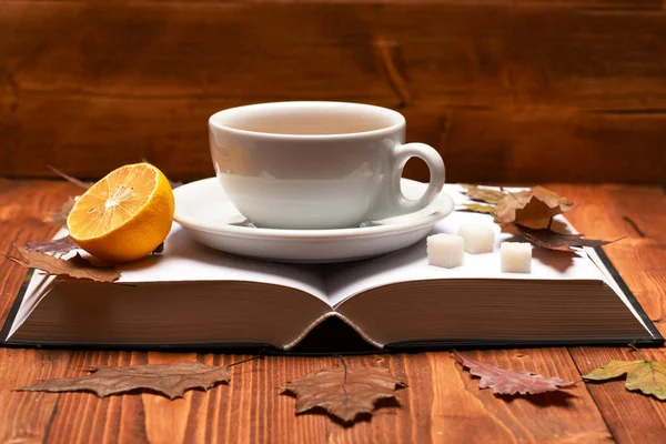 Warm drink and home relax concept. Tea cup on book