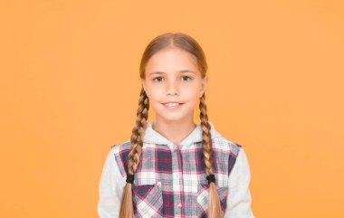 Güzel örgülü kız. Uzun saçlı çocuk. Küçük kız kareli gömlek. Uluslararası Çocuk Günü 'n kutlu olsun. Küçük kız sarı arka plan. Keyif konsepti. Pozitif titreşimler. Samimi duygular. Eğleniyorum.