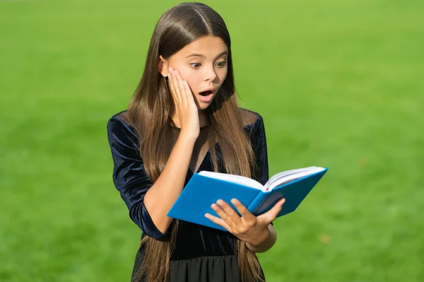 Překvapené malé dítě s otevřenou pusou číst školní knihu zelená tráva slunečné léto venku, informace — Stock fotografie