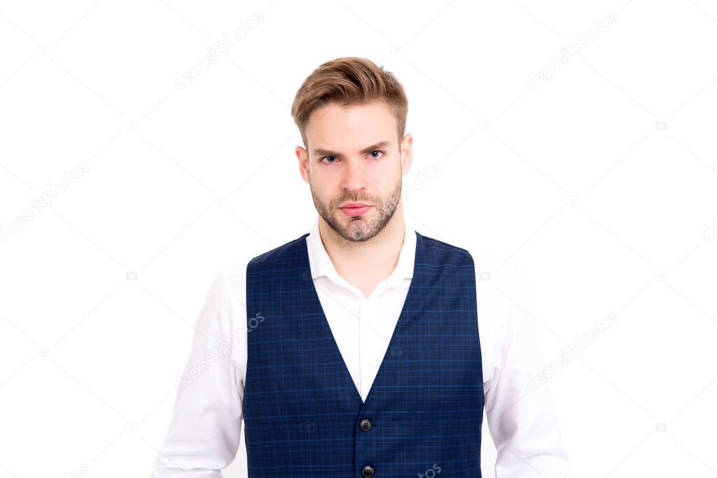 Theres no doubting he looks good. Handsome man isolated on white. Fashion look of business man. Formal style. Office attire. Capsule wardrobe. Menswear store