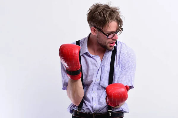 Man with bristle and tired face wears boxing gloves — Stock Photo, Image