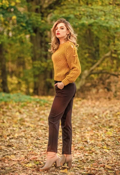 Εκπληκτικό τοπίο. όμορφο μοντέλο μόδας στα πλεκτά πουλόβερ. Νιώθω ρομαντικά στο φθινόπωρο του δάσους. σέξι γυναίκα κόκκινο κραγιόν φόντο της φύσης. ζεστά και άνετα εποχιακά ρούχα. Φθινοπωρινές τάσεις — Φωτογραφία Αρχείου