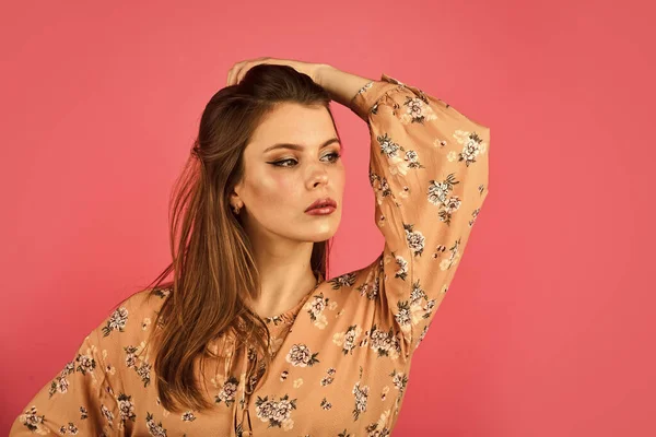 Elegant makeup concept. Beauty salon. Adorable fashionable girl. Natural beauty. Fashion. Girl perfect beautiful makeup. Hairstyle and makeup. Woman confident face with makeup on pink background — Stock Photo, Image