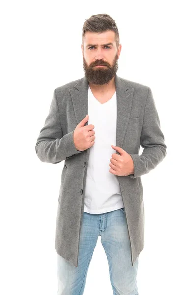 Enkelhet är nyckeln. Modern klädsel. Snygg avslappnad klädsel. Herrkläder och mode koncept. Man skäggig hipster elegant fashionabla jacka. Tillfällig jacka perfekt för alla tillfällen. Samråd med stylist — Stockfoto