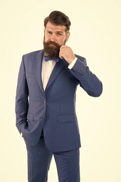 Experienced leadership. Event manager. Business in modern life. Groom ready for wedding. Bearded man in formal suit. Businessman mature boss with beard wear bow tie. Art director. Modern business — Stock Photo, Image
